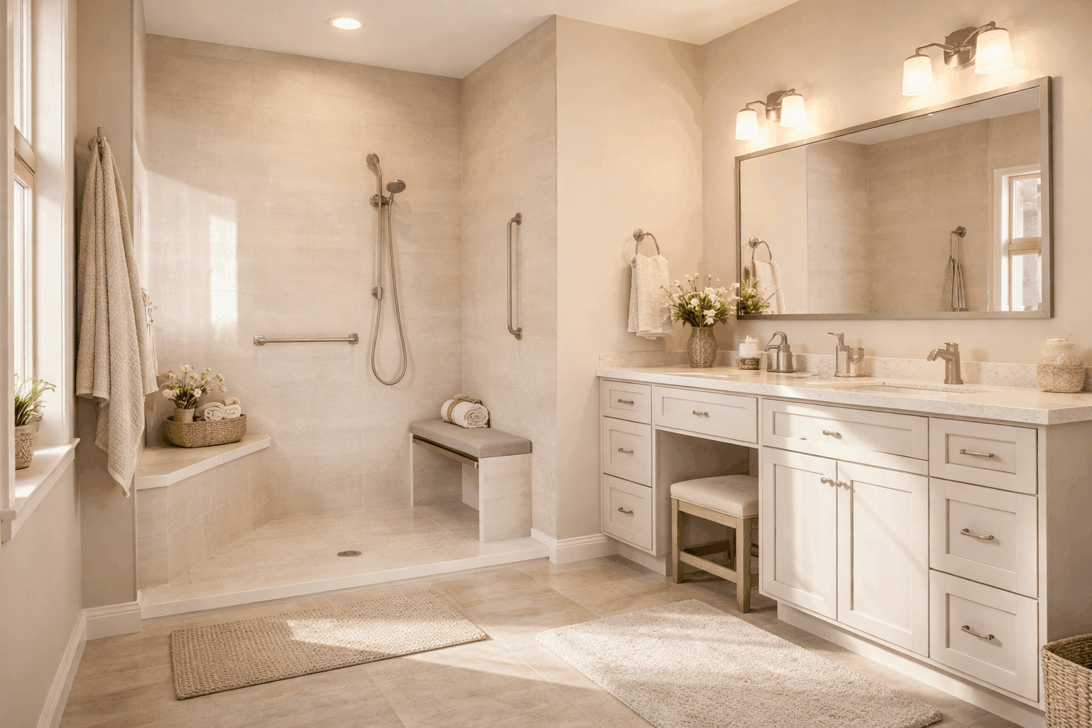 Photo of a bright accessible bathroom with a curbless shower, built-in bench, grab bars, and double vanity.