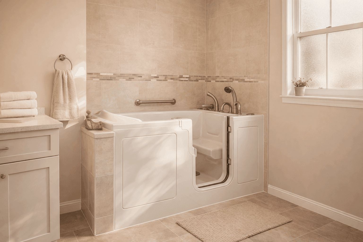 Photo of a walk-in bathtub with a low-entry door, built-in seat, and chrome fixtures.